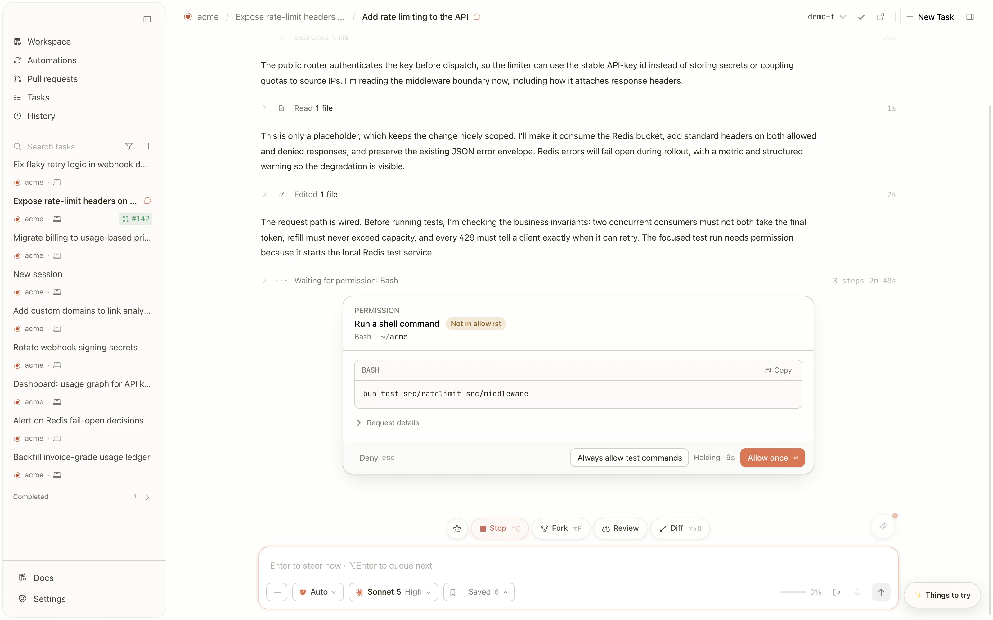 The Solus workspace: a session transcript beside the task, git, and environment panels.