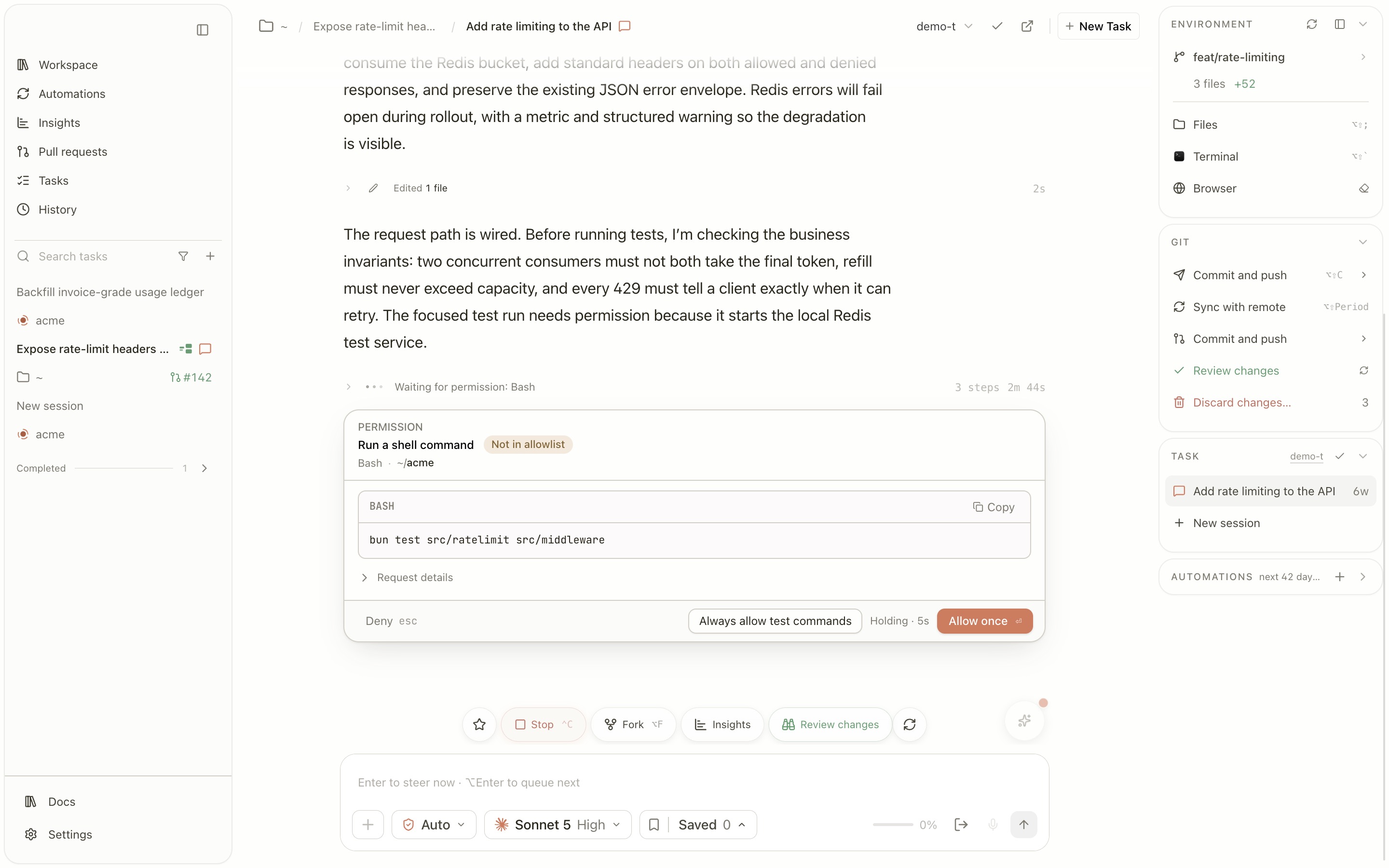 The Solus workspace running a task: the agent explains its plan while a permission card asks to run the test command, with branch, git state, and task panels alongside.