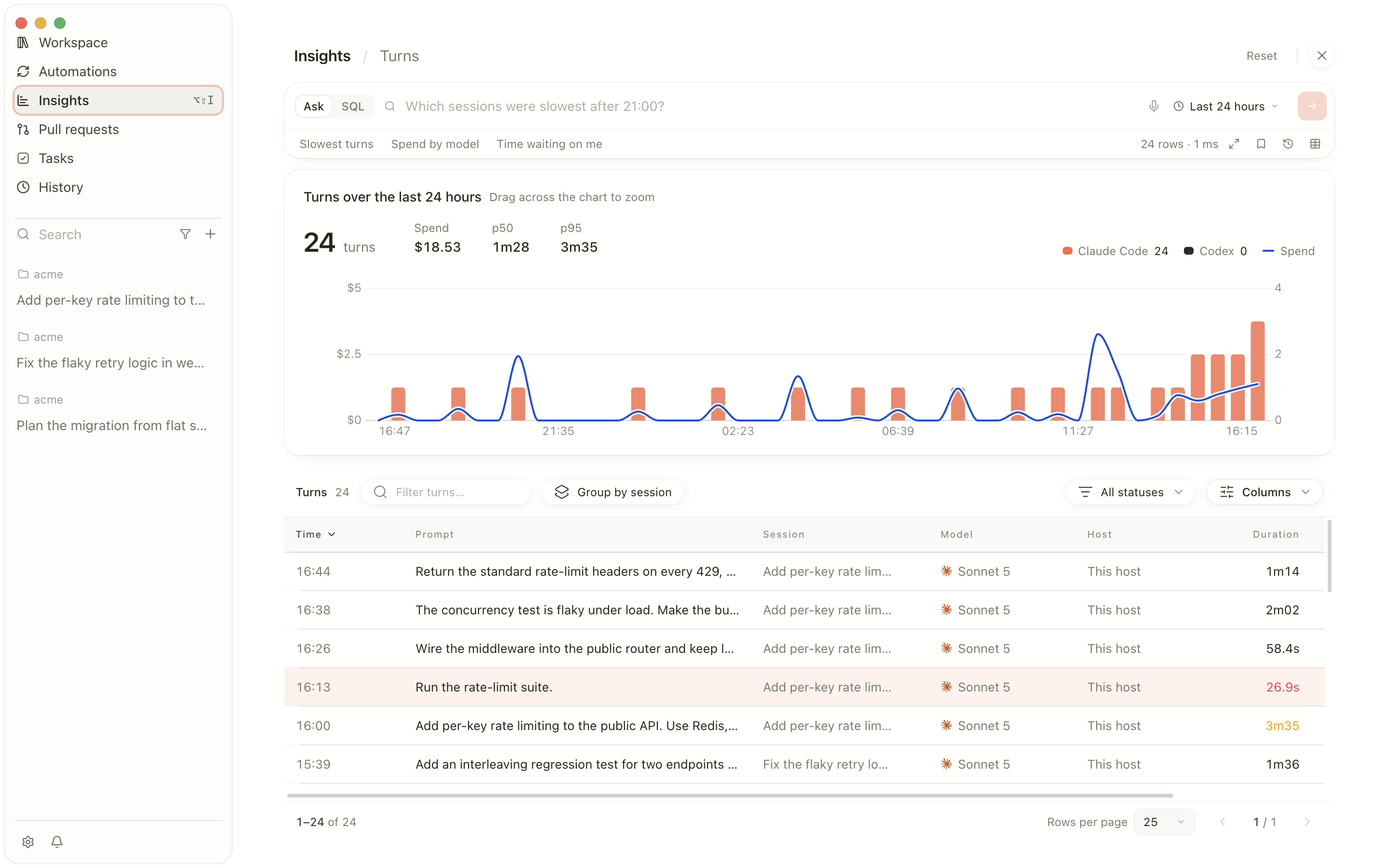 Insights in Solus: a chart of turns over the last 24 hours with spend, p50, and p95, and a table of every turn with its prompt, session, model, host, and duration.