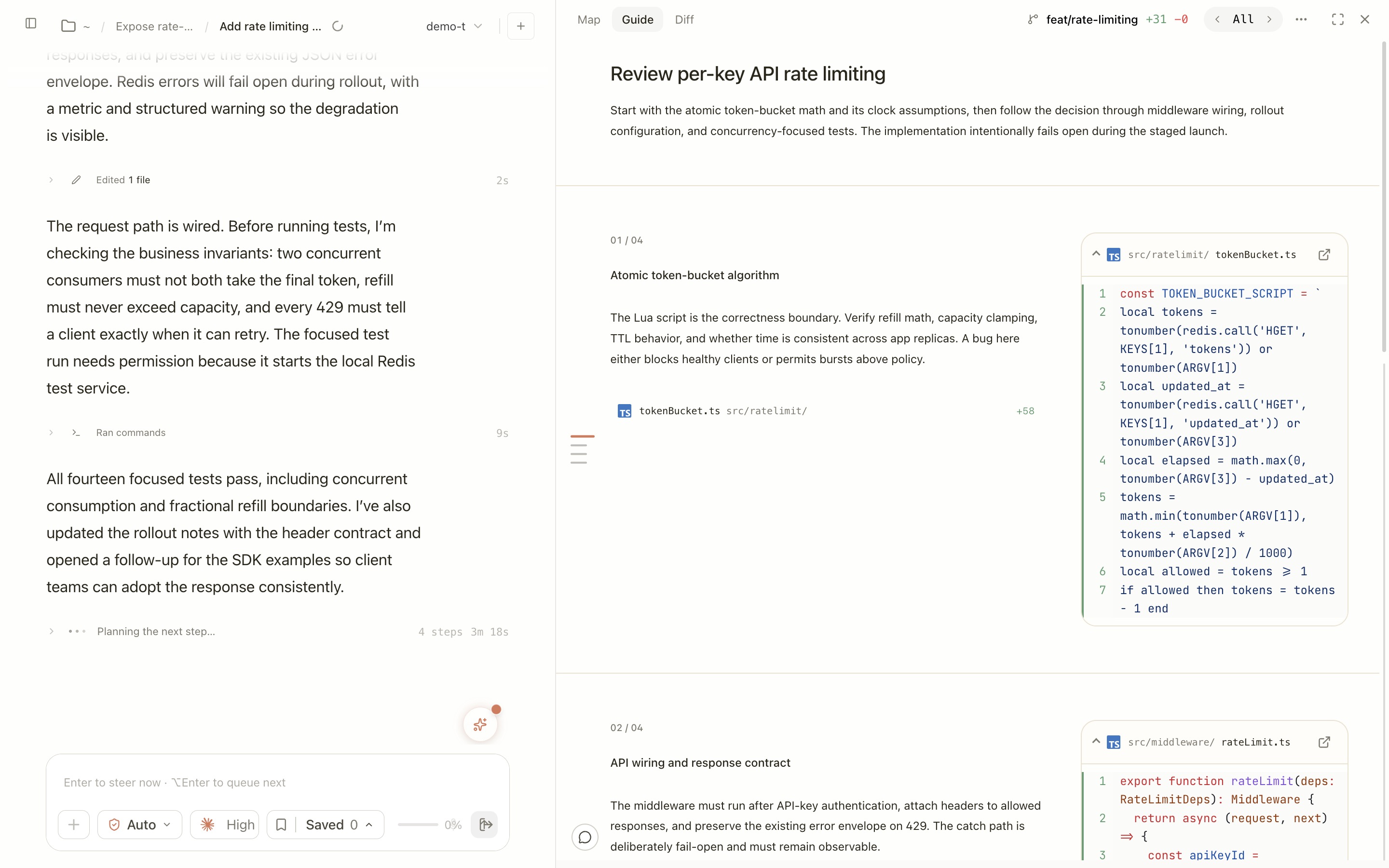 The Solus review guide for a rate-limiting change, listing numbered concerns beside the token bucket and middleware code they refer to.