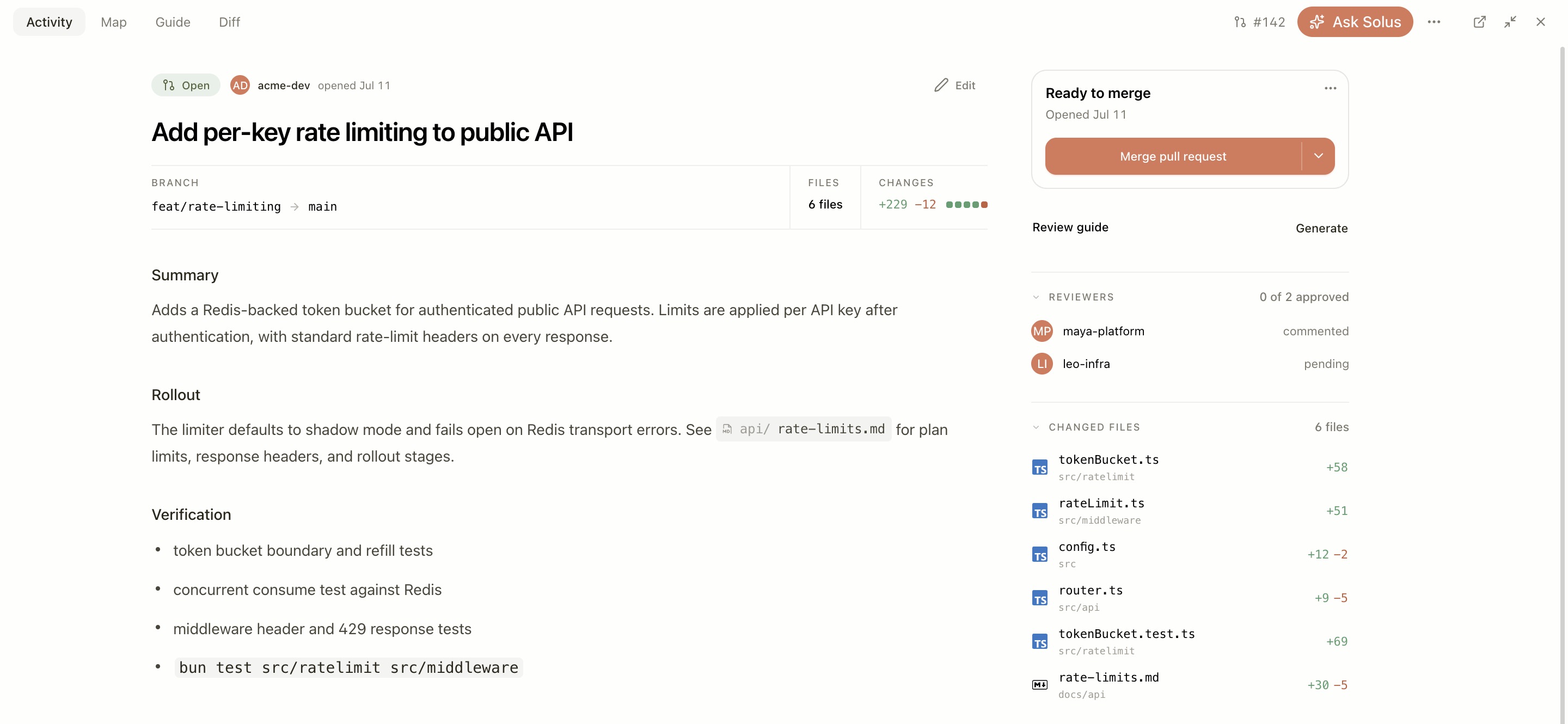 A pull request in Solus, ready to merge, showing reviewers, approval state, and every changed file with its line counts.