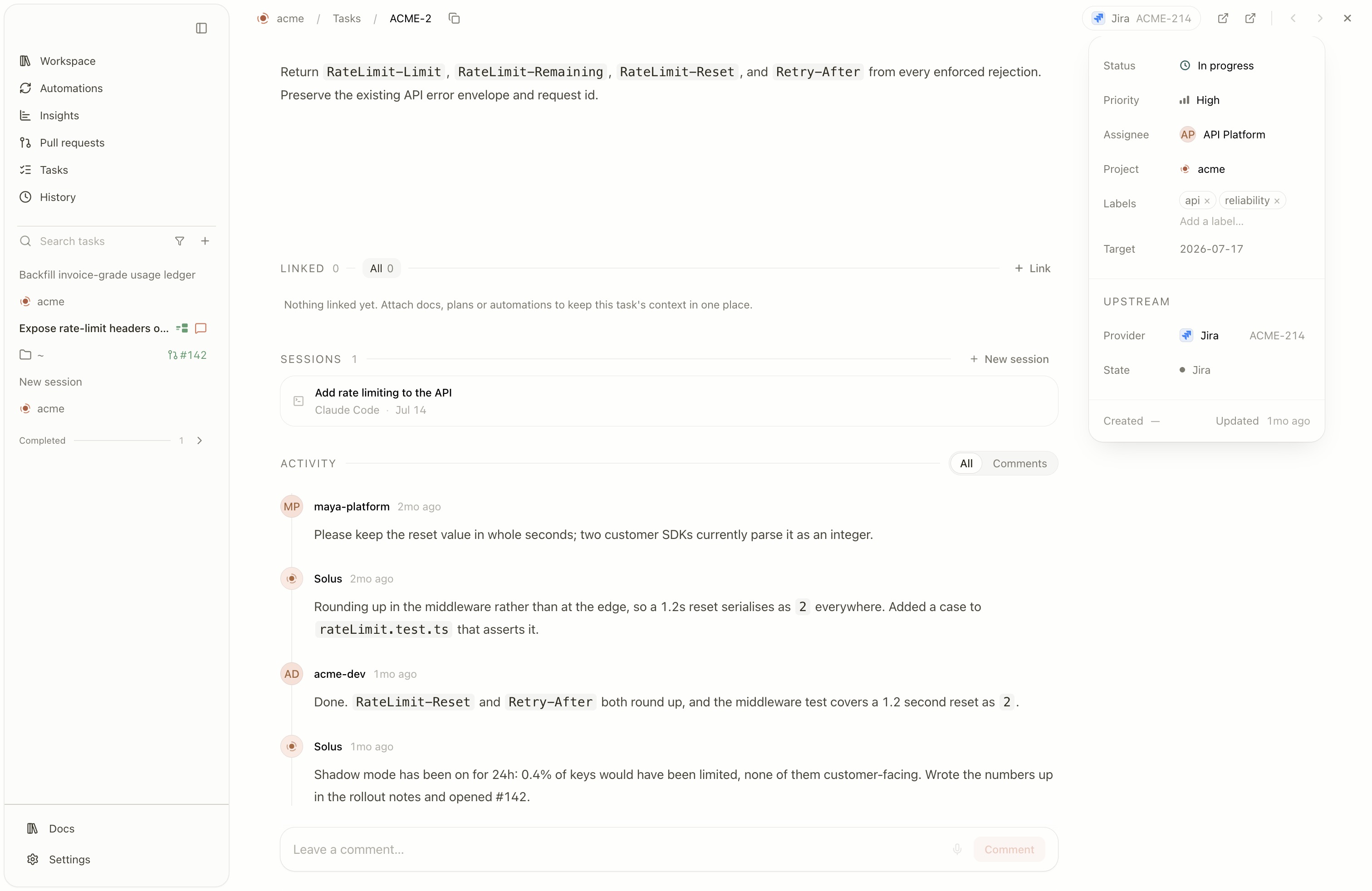 A task open full width in Solus, synced with Jira ticket ACME-214: the spec in the body, the agent session working it, an upstream panel naming Jira, and a thread where the agent and two people answer each other.